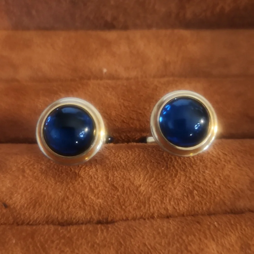 Correct 14K Goldplated Blue Round & Bullet Glass Cab Cufflinks, Signed